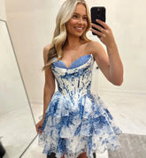 Misshow A Line Blue Sweetheart Sleeveless Printed Flroal Homecoming Dress/Mini Dress with Ruffles